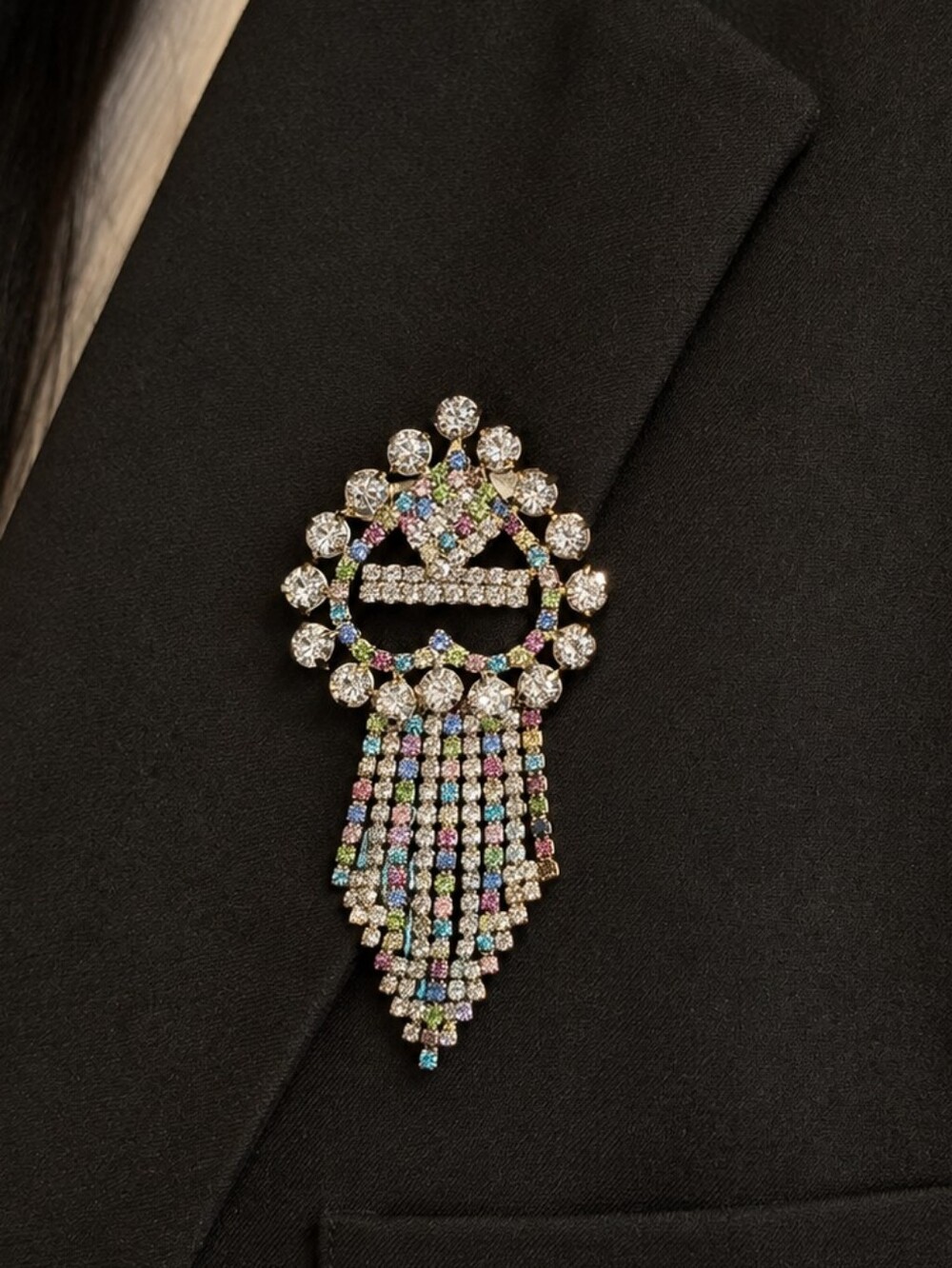 ​Multicolor Rhinestone Crown Waterfall Fringe Brooch Pin 👑